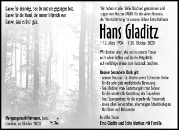 Traueranzeige von Hans Gladitz von Südthüringer Presse