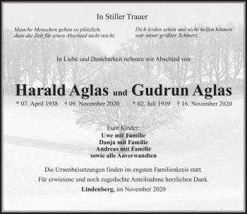 Traueranzeige von HaraldGudrun AglasAglas von Südthüringer Presse