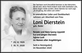 Traueranzeige von Loni Dierstein von Südthüringer Presse