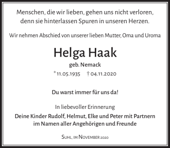 Traueranzeige von Helga Haak von Südthüringer Presse