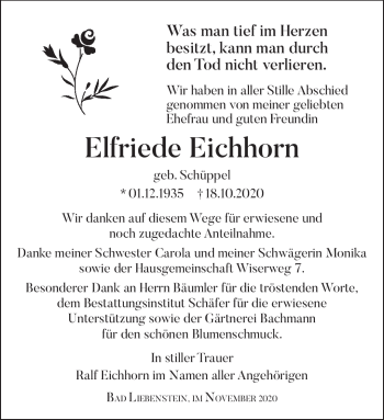Traueranzeige von Elfriede Eichhorn von Südthüringer Presse