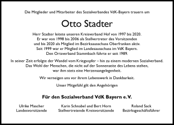 Traueranzeige von Otto Stadter von Frankenpost