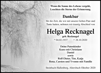 Traueranzeige von Helga Recknagel von Südthüringer Presse
