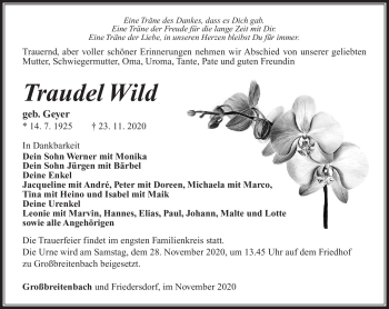 Traueranzeige von Traudel Wild von Südthüringer Presse