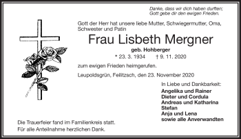 Traueranzeige von Lisbeth Mergner von Frankenpost