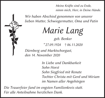 Traueranzeige von Marie Lang von Frankenpost