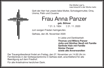 Traueranzeige von Anna Panzer von Frankenpost