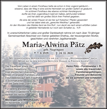 Traueranzeige von Maria-Alwina Pätz von Südthüringer Presse
