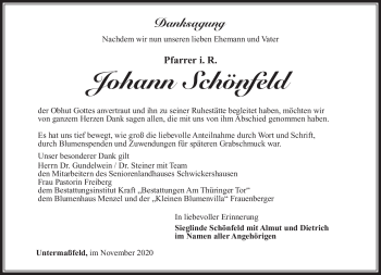 Traueranzeige von Johann Schönfeld von Südthüringer Presse