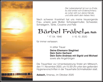 Traueranzeige von Bärbel Fräbel von Südthüringer Presse