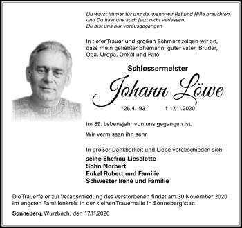 Traueranzeige von Johann Löwe von Südthüringer Presse