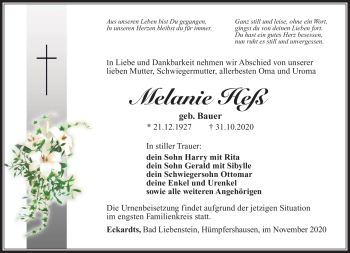 Traueranzeige von Melanie Heß von Südthüringer Presse