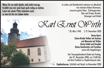 Traueranzeige von Karl-Ernst Wirth von Südthüringer Presse