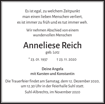 Traueranzeige von Anneliese Reich von Südthüringer Presse