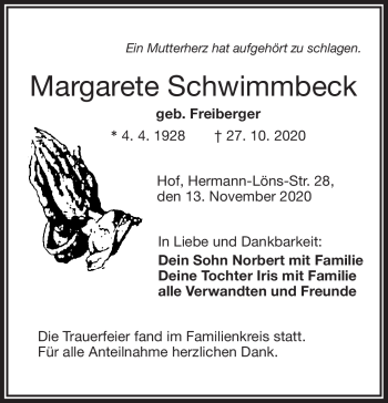 Traueranzeige von Margarete Schwimmbeck von Frankenpost