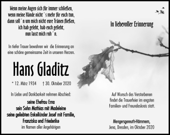 Traueranzeige von Hans Gladitz von Südthüringer Presse