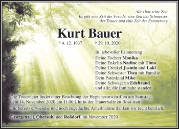 Traueranzeige von Kurt Bauer von Südthüringer Presse