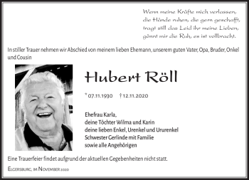 Traueranzeige von Hubert Röll von Südthüringer Presse
