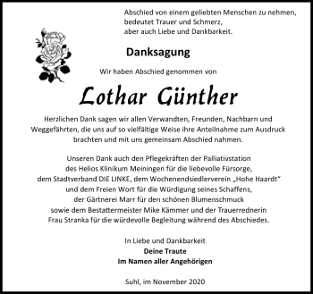 Traueranzeige von Lothar Günther von Südthüringer Presse