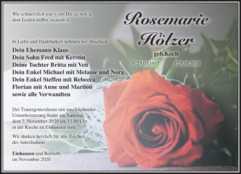 Traueranzeige von Rosemarie Hölzer von Südthüringer Presse