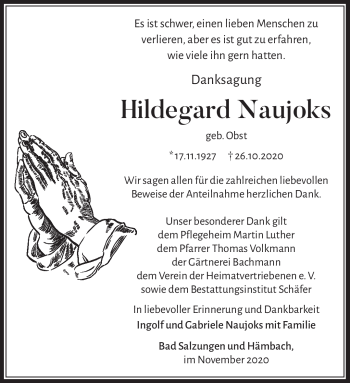 Traueranzeige von Hildegard Naujoks von Südthüringer Presse