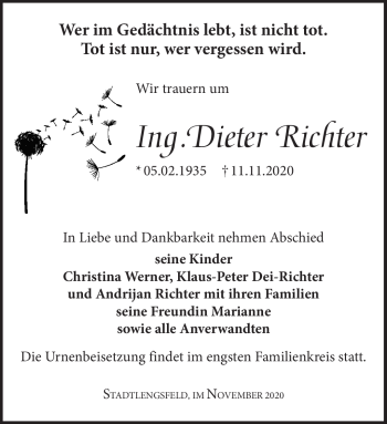 Traueranzeige von Dieter Richter von Südthüringer Presse