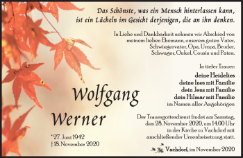 Traueranzeige von Wolfgang Werner von Südthüringer Presse