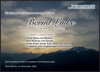 Traueranzeige von Bernd Linke von Südthüringer Presse