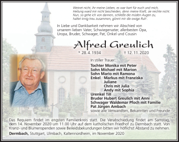Traueranzeige von Alfred Greulich von Südthüringer Presse