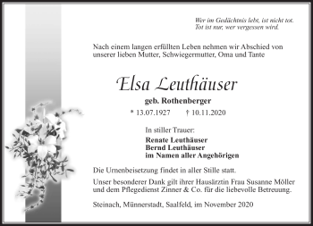 Traueranzeige von Elsa Leuthäuser von Südthüringer Presse