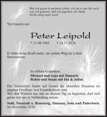 Traueranzeige von Peter Leipold von Südthüringer Presse