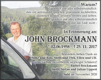 Traueranzeige von John Brockmann von Südthüringer Presse