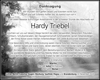 Traueranzeige von Hardy Triebel von Südthüringer Presse