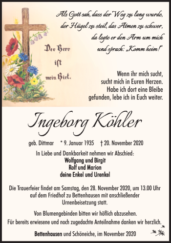 Traueranzeige von Ingeborg Köhler von Südthüringer Presse
