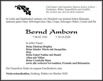 Traueranzeige von Bernd Amborn von Südthüringer Presse