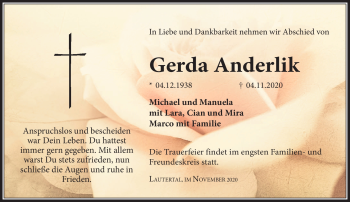 Traueranzeige von Gerda Anderlik von Neue Presse Coburg
