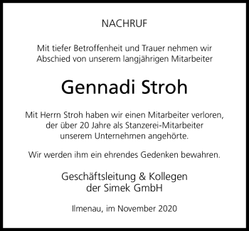 Traueranzeige von Gennadi Stroh von Südthüringer Presse