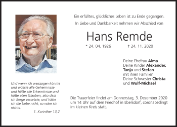 Traueranzeige von Hans Remde von Neue Presse Coburg