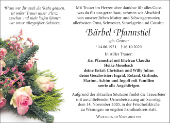 Traueranzeige von Bärbel Pfannstiel von Südthüringer Presse