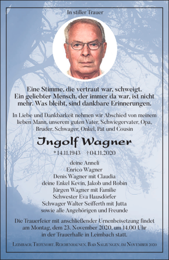 Traueranzeige von Ingolf Wagner von Südthüringer Presse