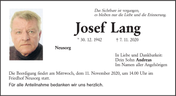Traueranzeige von Josef Lang von Frankenpost