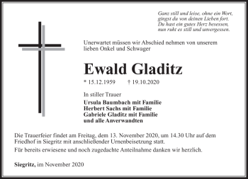 Traueranzeige von Ewald Gladitz von Südthüringer Presse