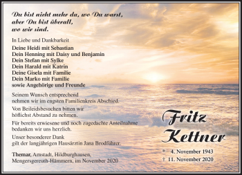 Traueranzeige von Fritz Kettner von Südthüringer Presse