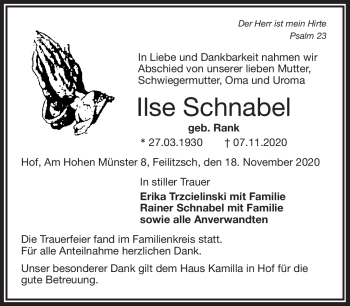 Traueranzeige von Ilse Schnabel von Frankenpost