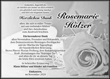 Traueranzeige von Rosemarie Hölzer von Südthüringer Presse