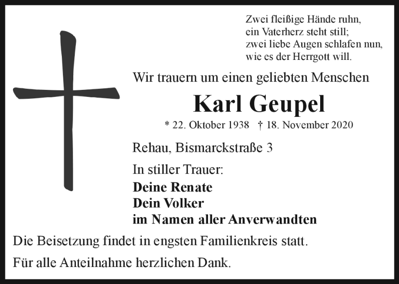  Traueranzeige für Karl Geupel vom 21.11.2020 aus Frankenpost