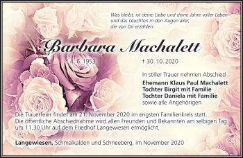 Traueranzeige von Barbara Machalett von Südthüringer Presse