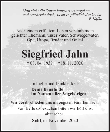 Traueranzeige von Siegfried Jahn von Südthüringer Presse