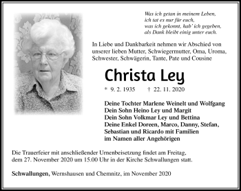 Traueranzeige von Christa Ley von Südthüringer Presse