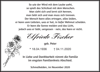 Traueranzeige von Elfriede Fischer von Südthüringer Presse
